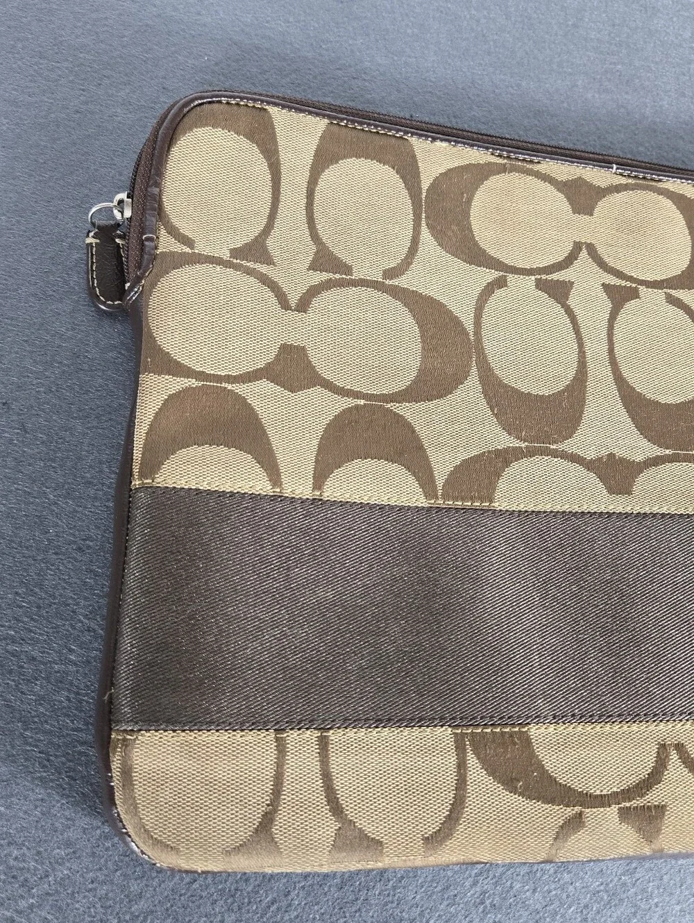 Coach Signature Brown Canvas Laptop Sleeve with Dark Brown Stripe